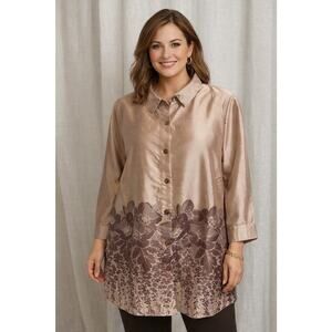 Joan Rivers 2X Champagne Satin Floral Button Front Blouse Tunic Top